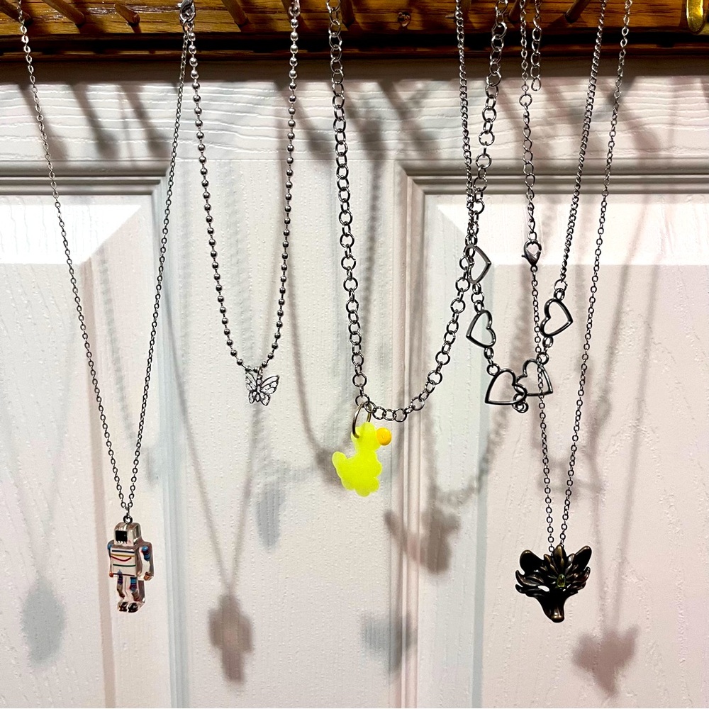 Silver Plated Chain Necklaces Charm Set of 5 Adjustable to fit for any size